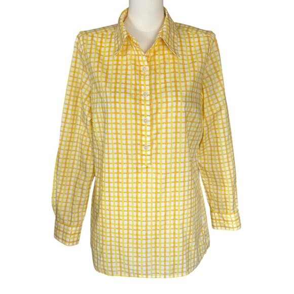 Mishca Yellow Collared Long Roll Tab Sleeve Pullover Button Up Shirt Women's M - Picture 1 of 10
